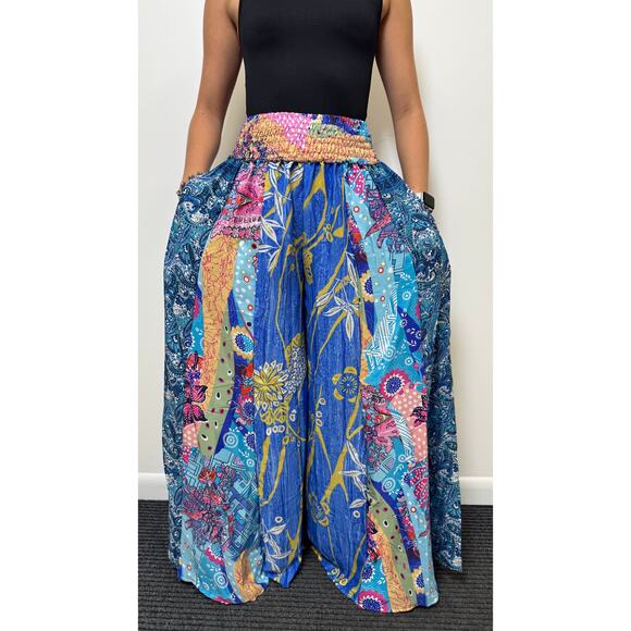 Mixed-print wide-leg trousers- One Size 100% Silk - Picture 1 of 5